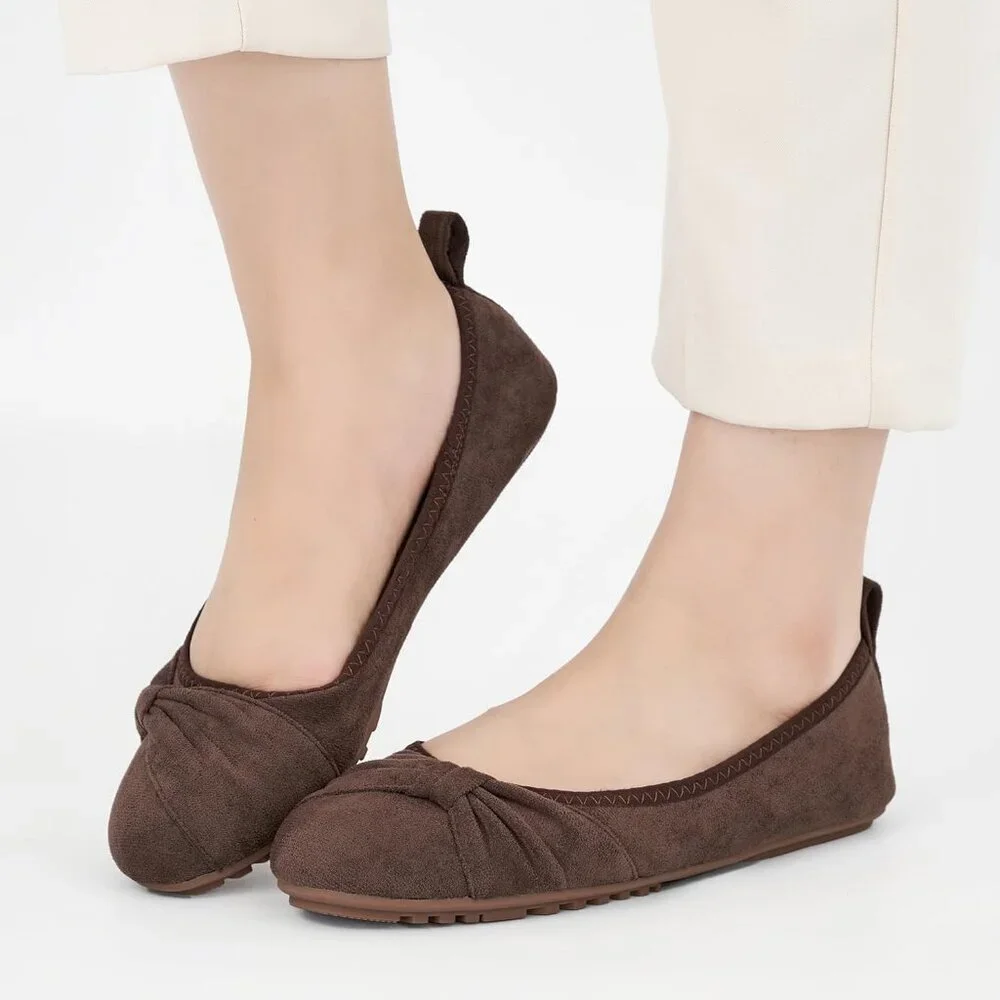 Women's Round Toe Elegant Bow knot Foldable Ballet Flats Loafers Brown Shoes